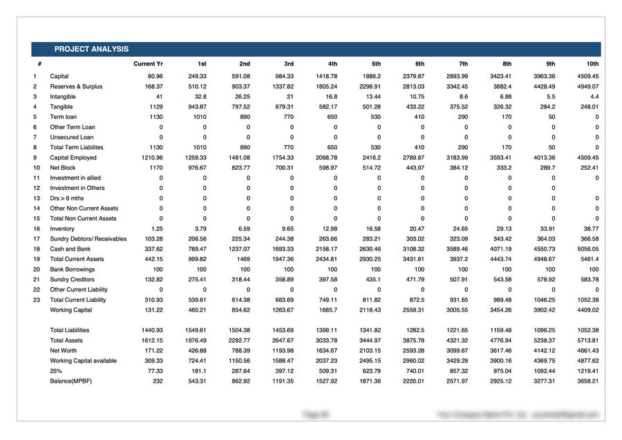 Project analysis — ten-year capital structure, net block, current assets and liabilities, net worth, and MPBF computed on the 25 per cent margin convention