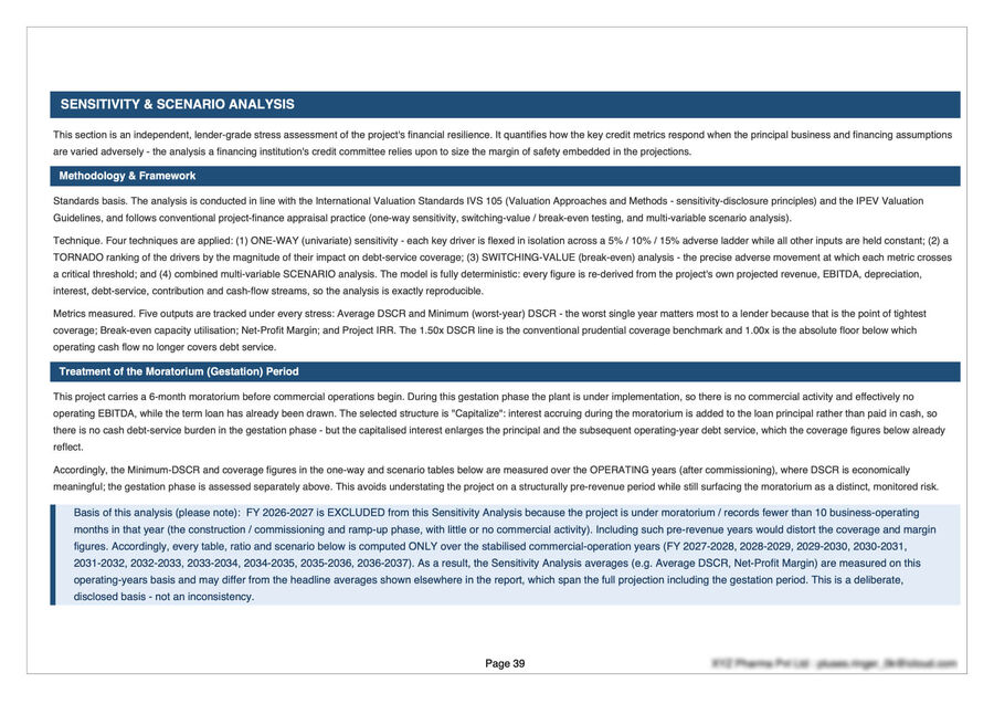 Sensitivity and scenario analysis — methodology under IVS 105 and IPEV: one-way ladders, tornado ranking, switching-value break-even, moratorium treatment of coverage