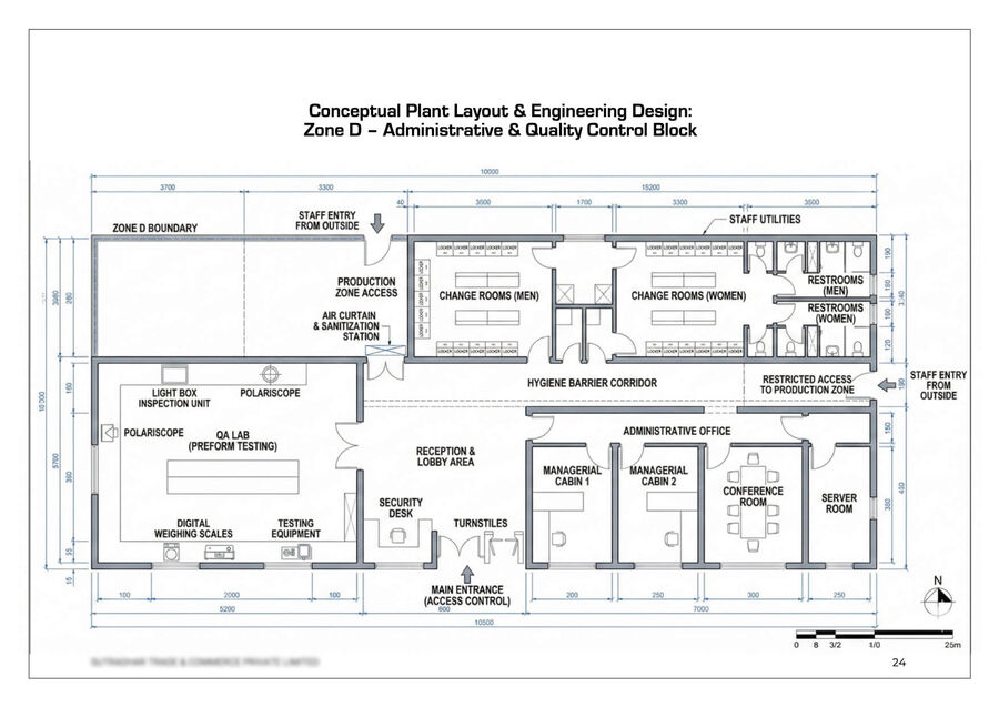 Zone D administrative and QC block — fully dimensioned: QA lab with polariscopes, hygiene-barrier corridor, turnstiled entrance, restricted production-zone access