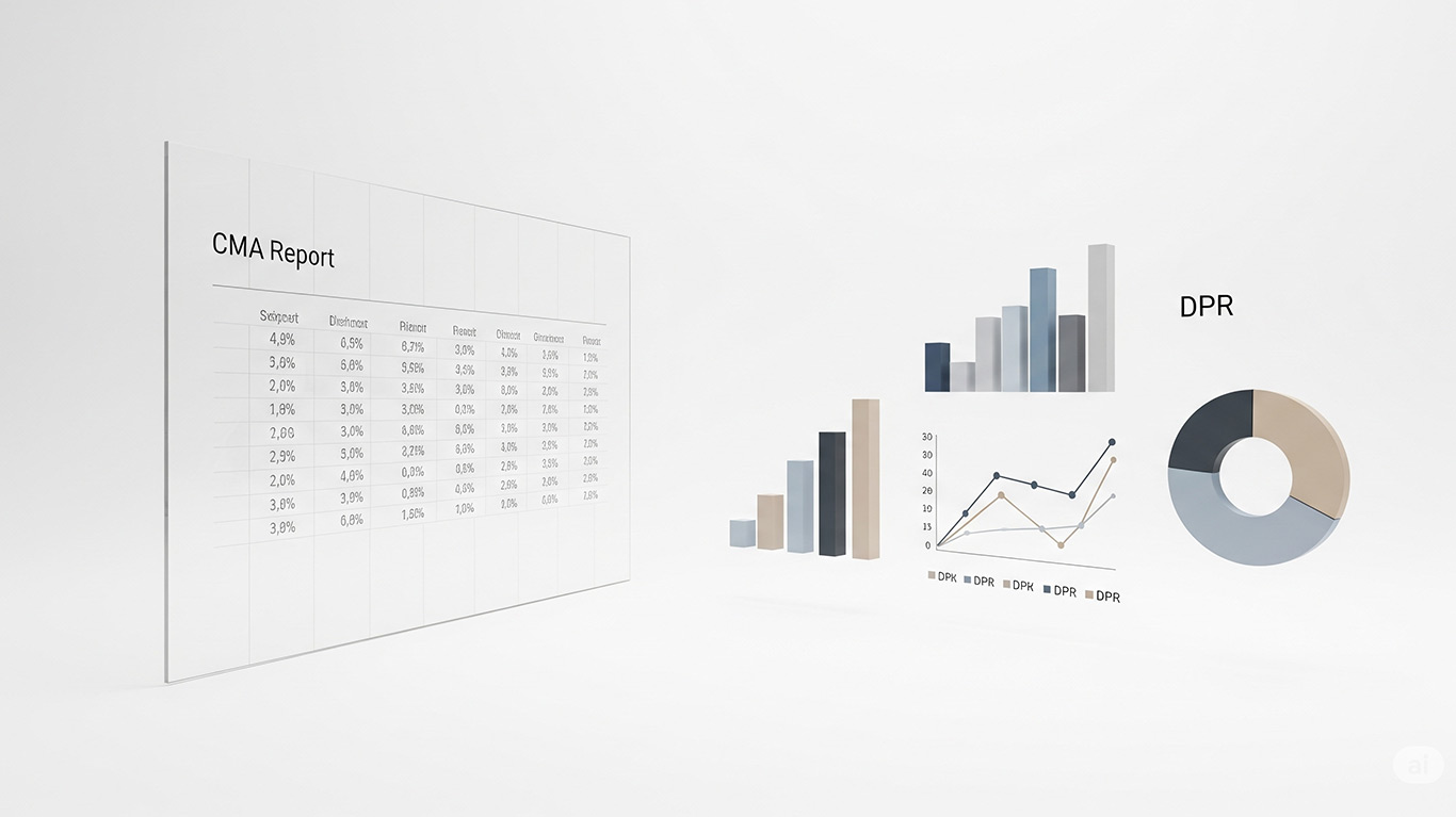 An analyst comparing CMA data sheets with a detailed project report document.